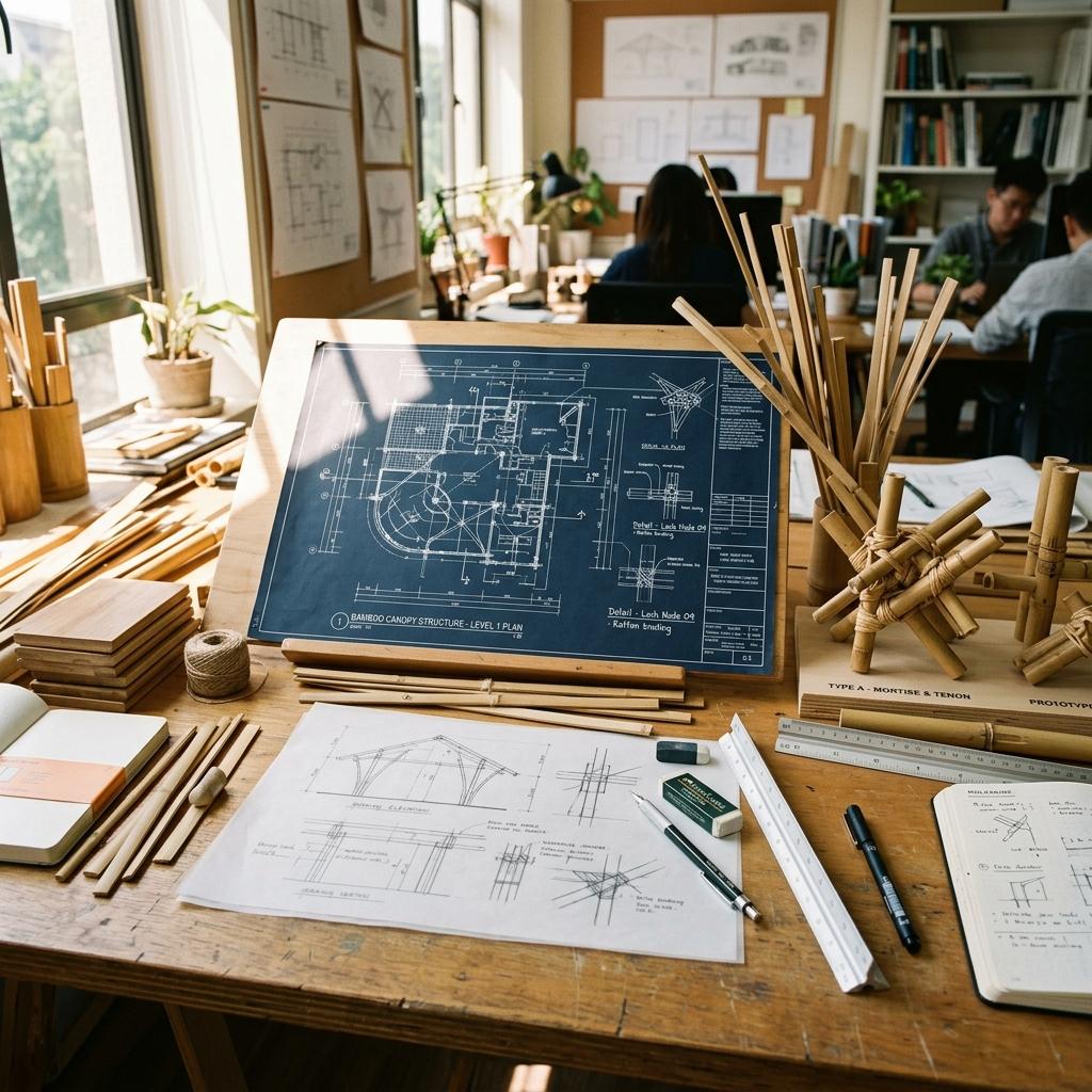 Workspace with technical bamboo details and drawings